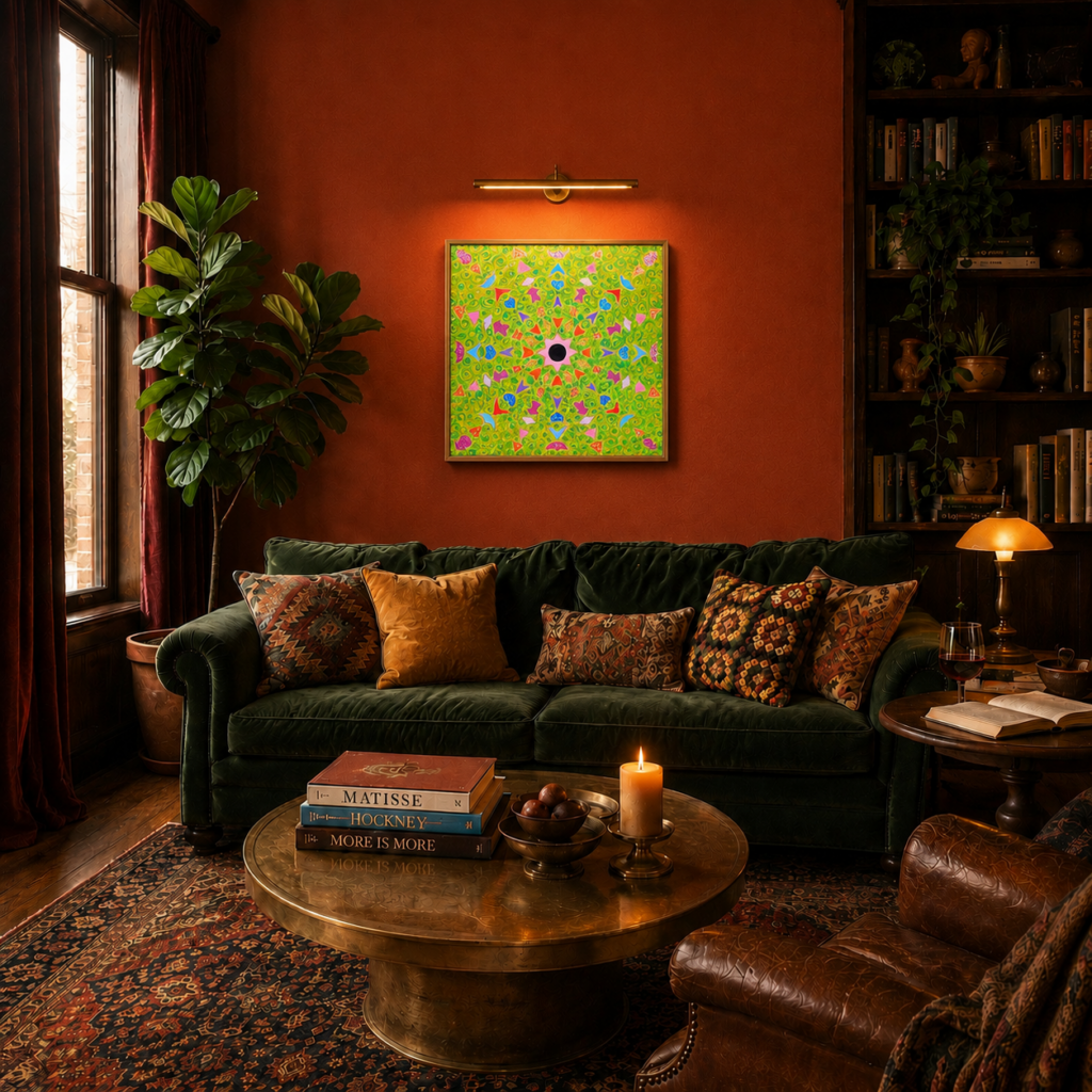 terracotta living rom with gree portal